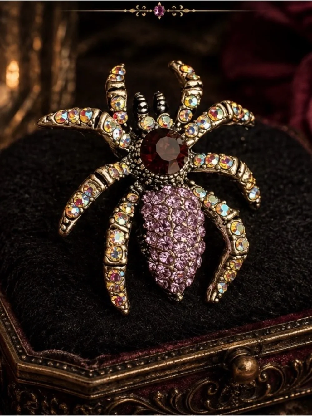 Vintage-Inspired Purple and Gold Crystal Spider Brooch